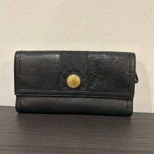 COACH Tattersal Interior Design logo black leather trifold wallet EUC